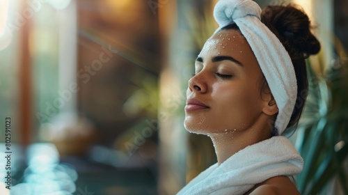 A serene image of a woman stepping out of the sauna with beads of sweat on her brow and a towel around her neck embodying the feeling of rejuvenation and revitalization that sauna therapy. photo