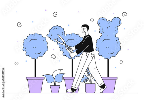 Man cutting plants vector linear