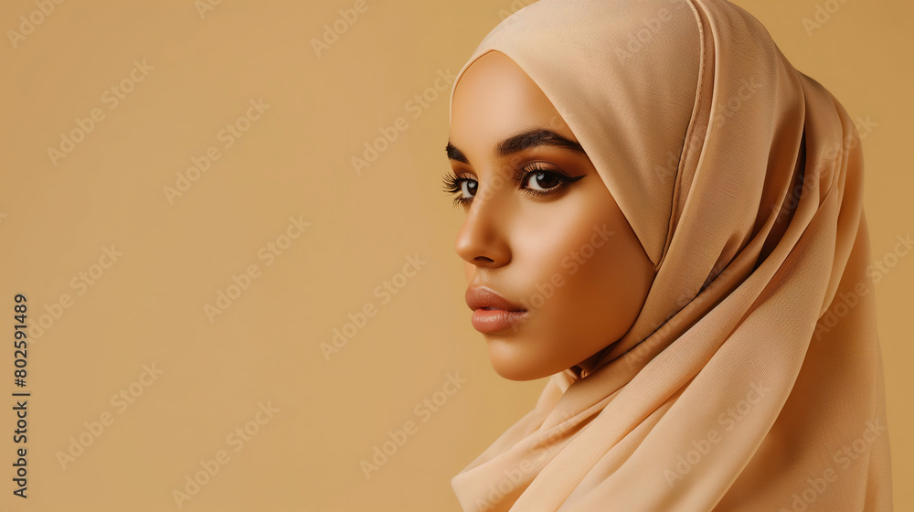 portrait of an attractive hijabi woman wearing a beige colored soft silk scarf against a beige background with studio lighting. headscarf or makeup model. Fashion diversity concept portrait of an attractive hijabi woman wearing a beige colored soft silk scarf against a beige background with studio lighting. headscarf or makeup model. Fashion diversity concept