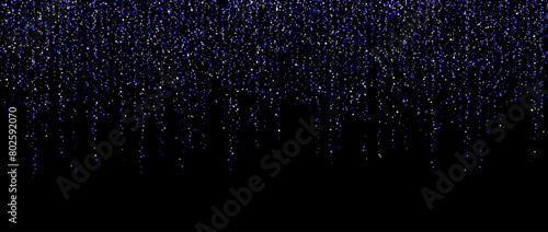 Purple confetti garland on dark background. Falling gold glitter and sparkle wallpaper. Violet and silver shining dots repeating pattern. Magic dust sparkling decoration for Christmas. Vector backdrop