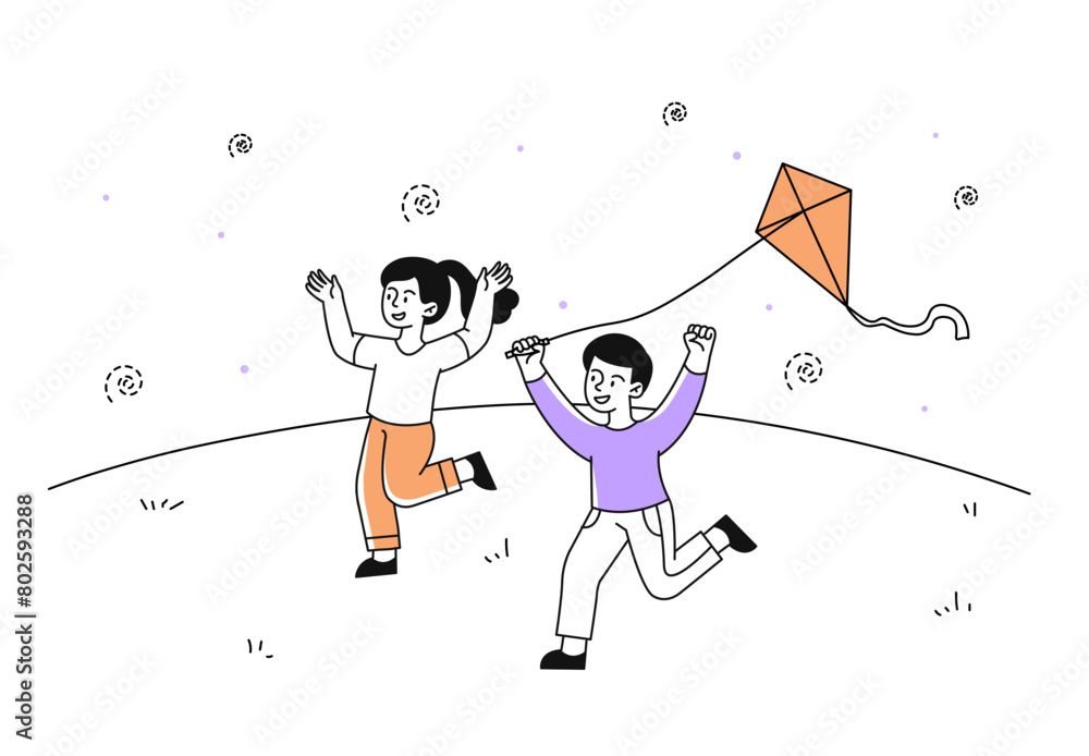 Kids play with kite vector linear