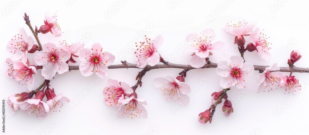 Naklejka premium Pink cherry blossoms in spring. Isolated cherry tree branch adorned with pink flowers during the spring season on a white background.