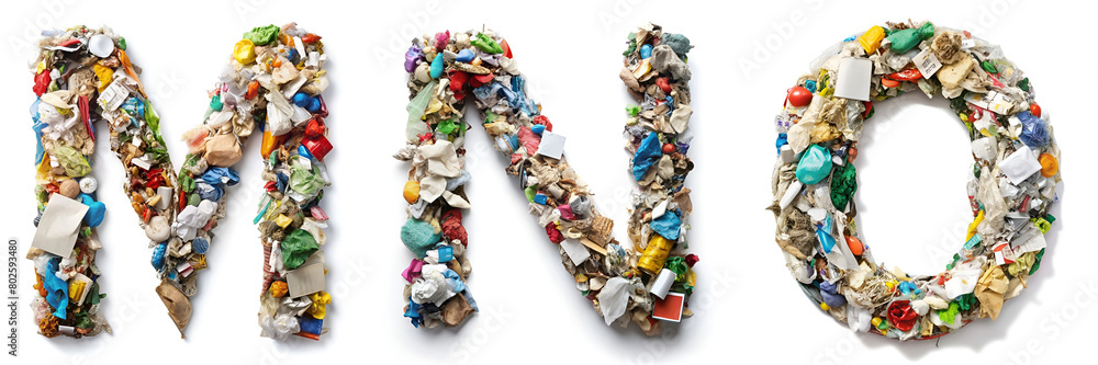 Letters M, N, O. Alphabet Made of Various Types of Waste: Symbol of Waste
