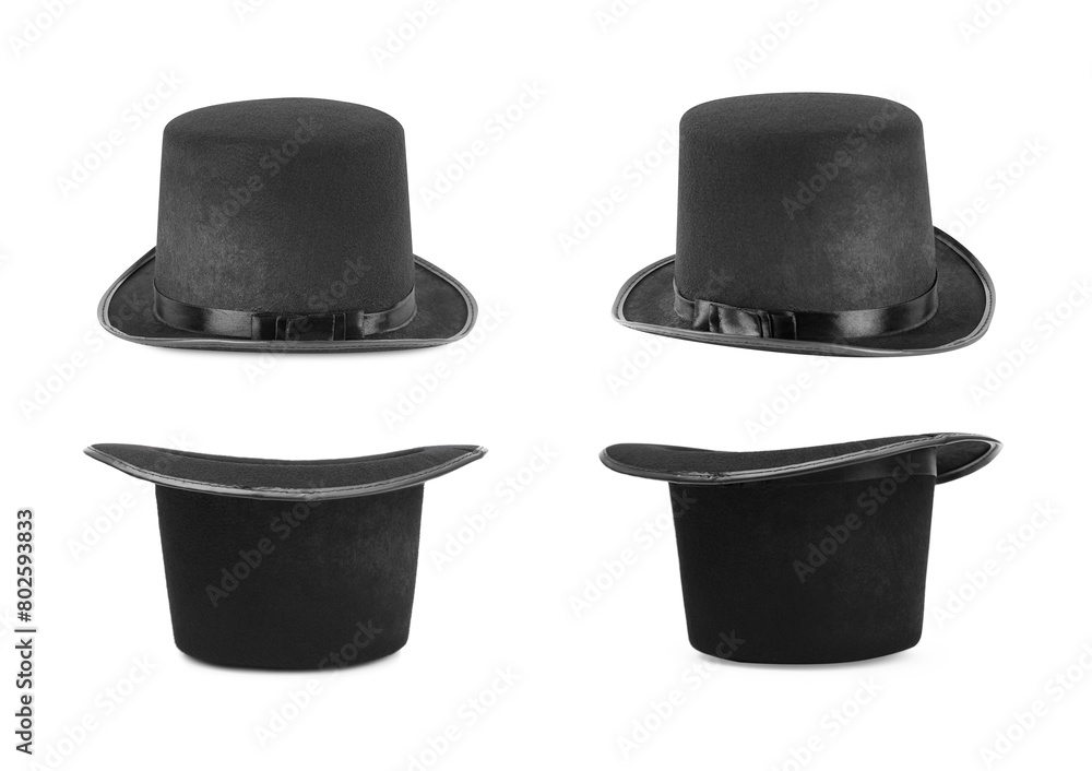 Collage with black magician hat isolated on white, different sides Collage with black magician hat isolated on white, different sides