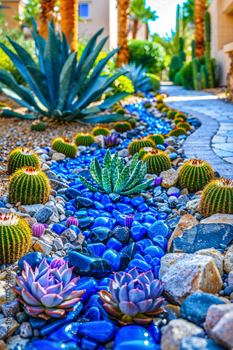 Blue river rocks stones with succulents and cacti, hardscaping landscaping, desert home design, Southwestern, vertical