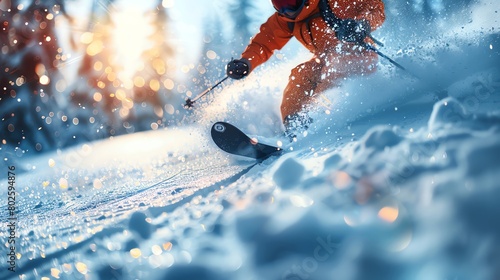 Winter sports excitement, close-up on the action-packed moments of skiing and snowboarding, adrenaline rush photo