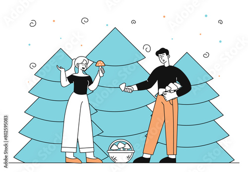 People picking mushrooms vector linear