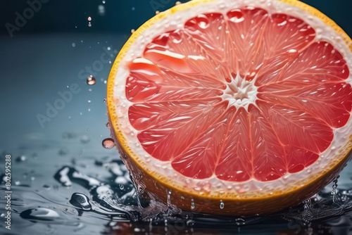 Slices of fresh juicy grapefruits in water splashes on blue background. Citrus fruits cut in water drops. Summer freshness  poster design. Flat lay  top view