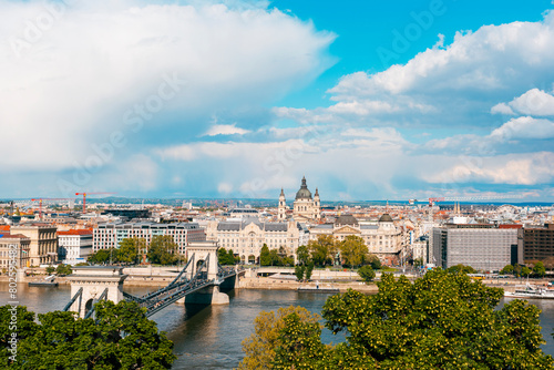 View of Budapest and Szechenyi Chain Bridge over the Danube river from the Fisherman's bastion, Hungary photo