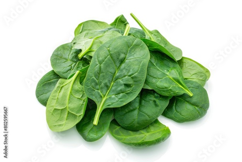 Pile of fresh green baby spinach leaves isolated on white background. Espinach Close up. Flat lay. Food concept - generative ai