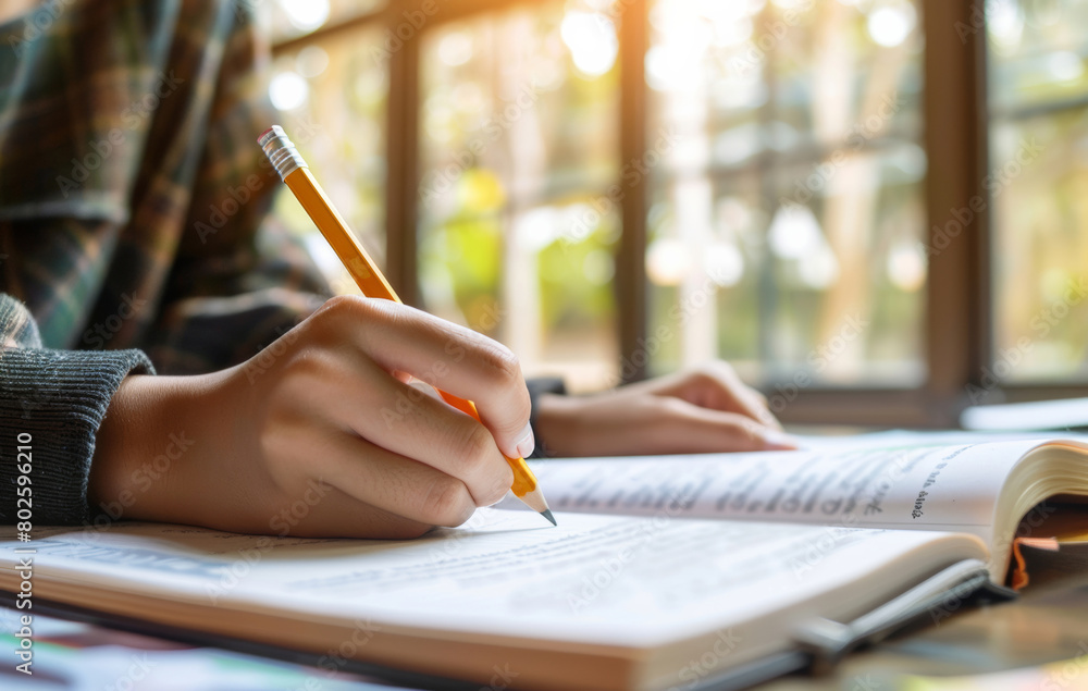 Student, hand and writing in book or education lesson for back to school studying, stationery or learning. Person, pencil and university for scholarship assessment or project, notes or brainstorming Student, hand and writing in book or education lesson for back to school studying, stationery or learning. Person, pencil and university for scholarship assessment or project, notes or brainstorming