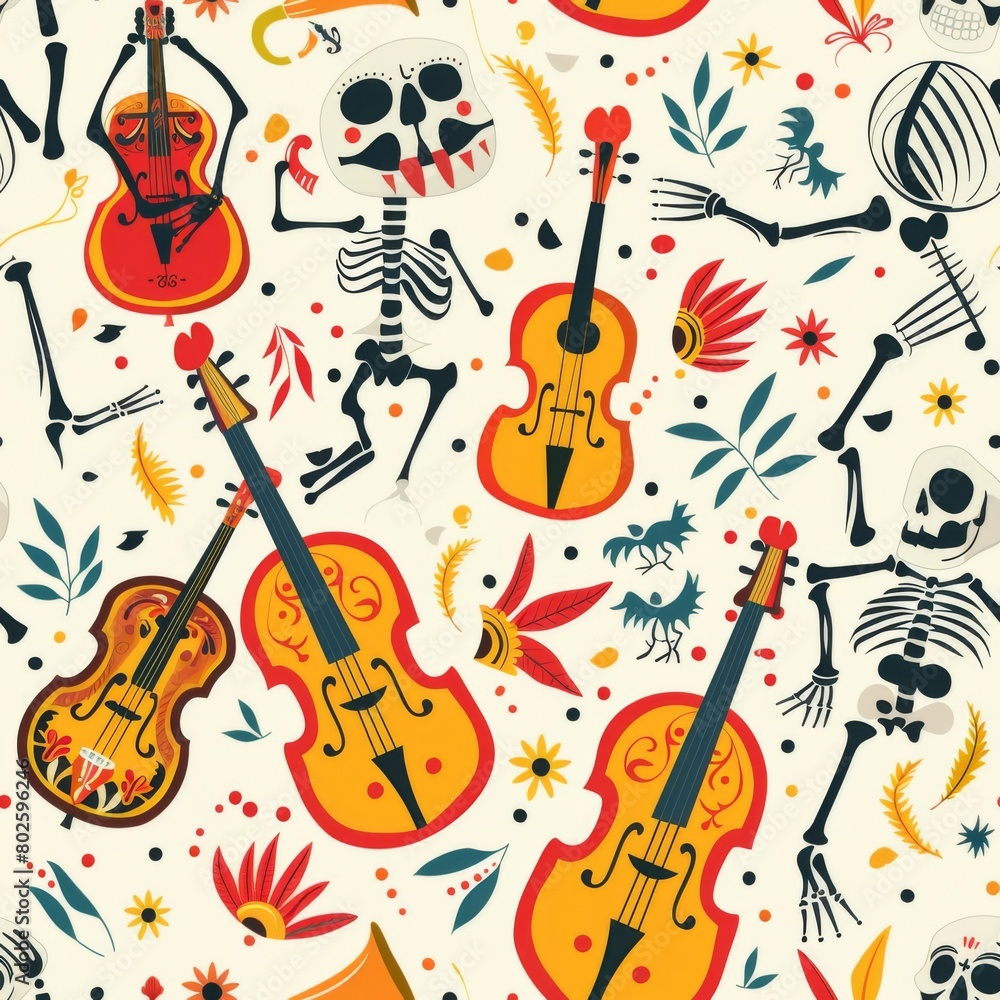 Obraz premium simple seamless día de los muertos musical instruments and dancing skeletons pattern,