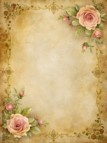 A piece of paper adorned with a floral frame and beautiful roses