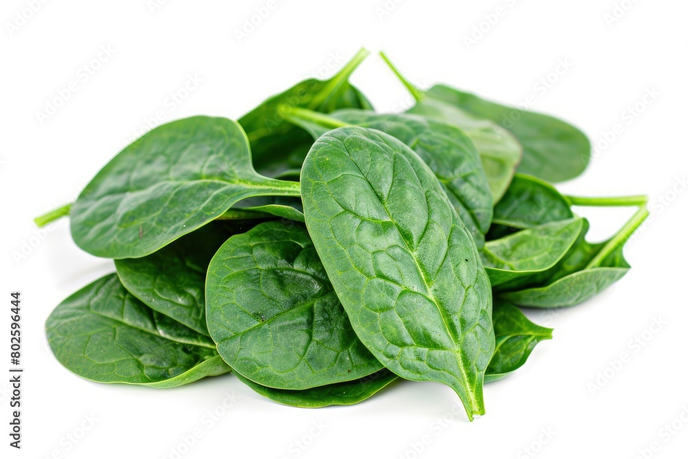 Pile of fresh green baby spinach leaves isolated on white background. Espinach Close up. Flat lay. Food concept - generative ai Pile of fresh green baby spinach leaves isolated on white background. Espinach Close up. Flat lay. Food concept - generative ai