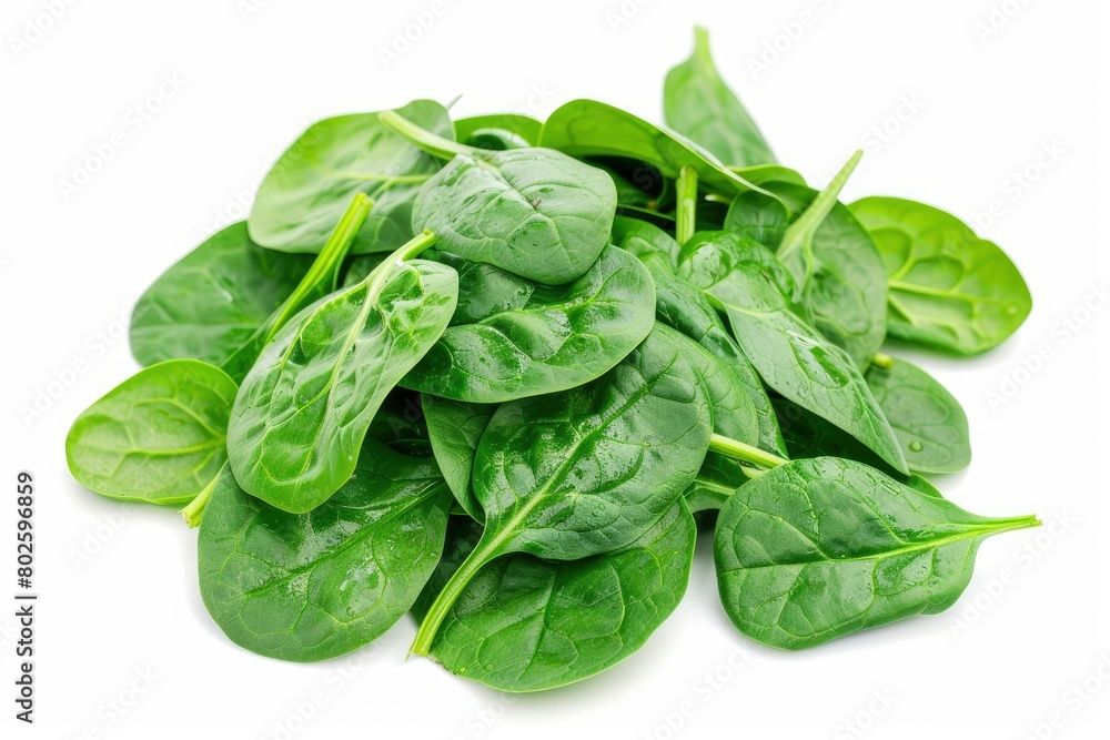 Pile of fresh green baby spinach leaves isolated on white background. Espinach Close up. Flat lay. Food concept - generative ai Pile of fresh green baby spinach leaves isolated on white background. Espinach Close up. Flat lay. Food concept - generative ai
