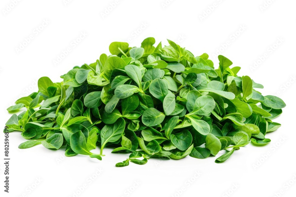 Pile of fresh green baby spinach leaves isolated on white background. Espinach Close up. Flat lay. Food concept - generative ai Pile of fresh green baby spinach leaves isolated on white background. Espinach Close up. Flat lay. Food concept - generative ai