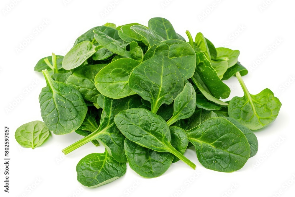 Pile of fresh green baby spinach leaves isolated on white background. Espinach Close up. Flat lay. Food concept - generative ai Pile of fresh green baby spinach leaves isolated on white background. Espinach Close up. Flat lay. Food concept - generative ai