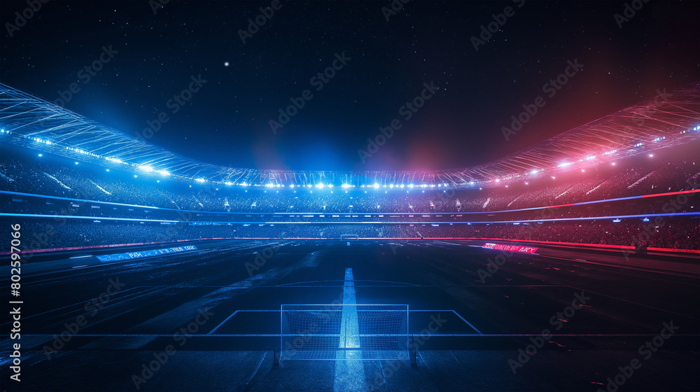 Luxury of Football stadium 3d rendering with red and blue light isolation background, Illustration	