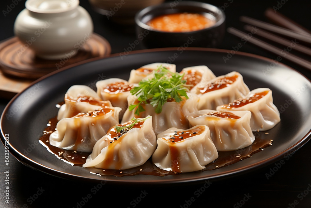 Dumpling with tomato sauce on plate.