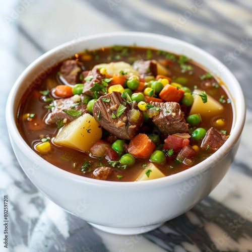 Hearty Vegetable Beef Soup brimming with tender pieces of beef, chunks of potato, sliced carrots, and celery, all visible through the rich, aromatic broth