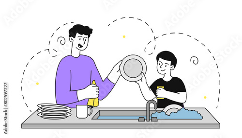 Family washing dishes vector simple