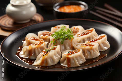 Dumpling with tomato sauce on plate.