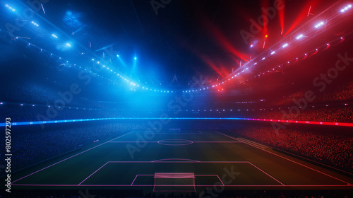 Luxury of Football stadium 3d rendering with red and blue light isolation background, Illustration  © AI-Stocks