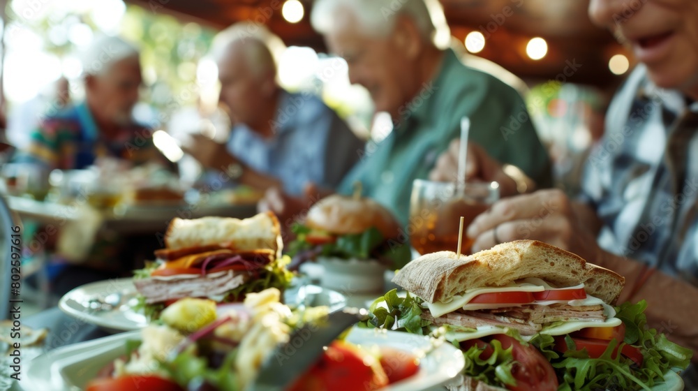 Three men enjoying a leisurely lunch of gourmet sandwiches and salads at a market cafe.