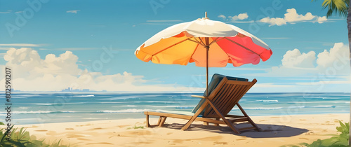 Digital illustration of a solitary beach chair under a vibrant umbrella on a pristine sandy beach with clear skies