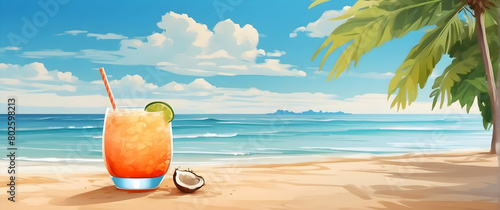 A refreshing cocktail on the beach, with a coconut and straw, set against the ocean invites to a tropical escape