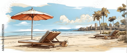Illustration of a relaxing beach scene with a beach umbrella, lounge chairs, coconut drink, and palm trees