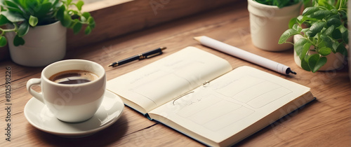 The image features a morning setup with a hot cup of coffee, a planner, and pens on a wooden desk surrounded by plants