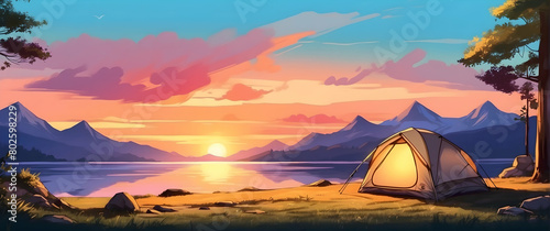 Beautiful camping scene with a tent by a lake during the golden hour in mountainous terrain