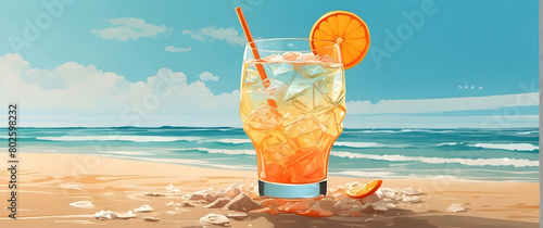 This digital illustration showcases a refreshing orange cocktail against a backdrop of ocean waves and beach
