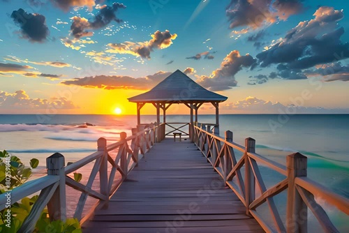 Gazebo on wooden pier at sunset in the beach. Generate AI image photo