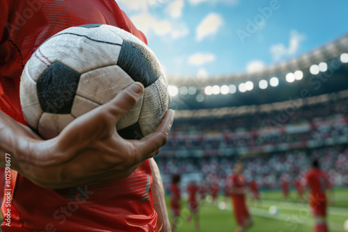 Close up of a football soccer player holding a ball in a stadium with a crowd in the background