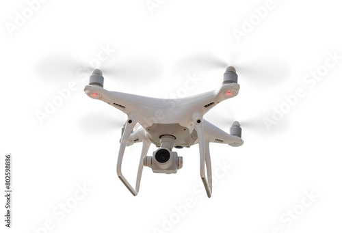 Isolated FrontView Drone Quadcopter UAV In Flight. Transparent PNG.