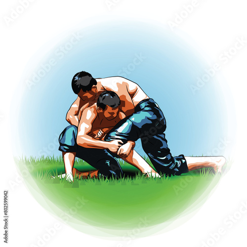 The vector illustration of the traditional Turkish oil wrestling. Two wrestlers are wrestling on the grass.