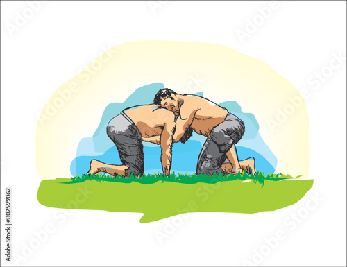 The vector illustration of the traditional Turkish oil wrestling. Two wrestlers are wrestling on the grass.