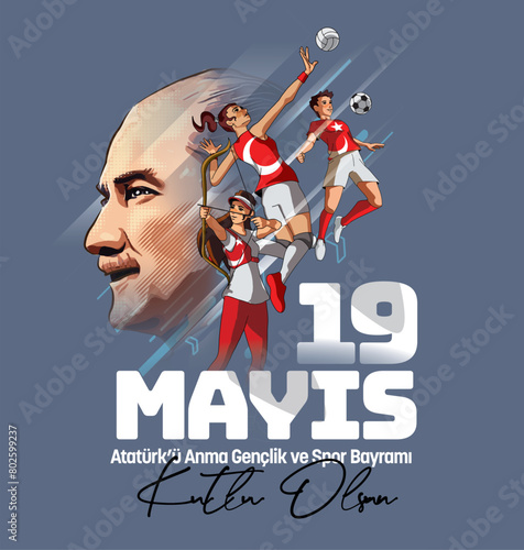 Vector illustration of The Commemoration of Atatürk, Youth and Sports Day (translate: Happy 19 May the commemoration of atatürk, youth and sports day) photo