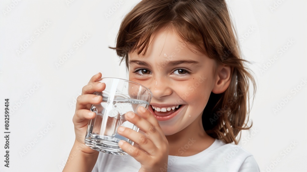 happy child girl drinking a glass of water with minimalist background happy child girl drinking a glass of water with minimalist background