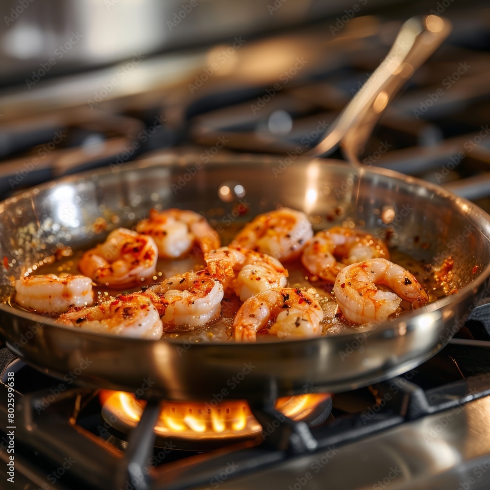 shrimp being sautéed in a stainless steel pan over a stove, with olive oil and a sprinkle of garlic and chili powder shrimp being sautéed in a stainless steel pan over a stove, with olive oil and a sprinkle of garlic and chili powder