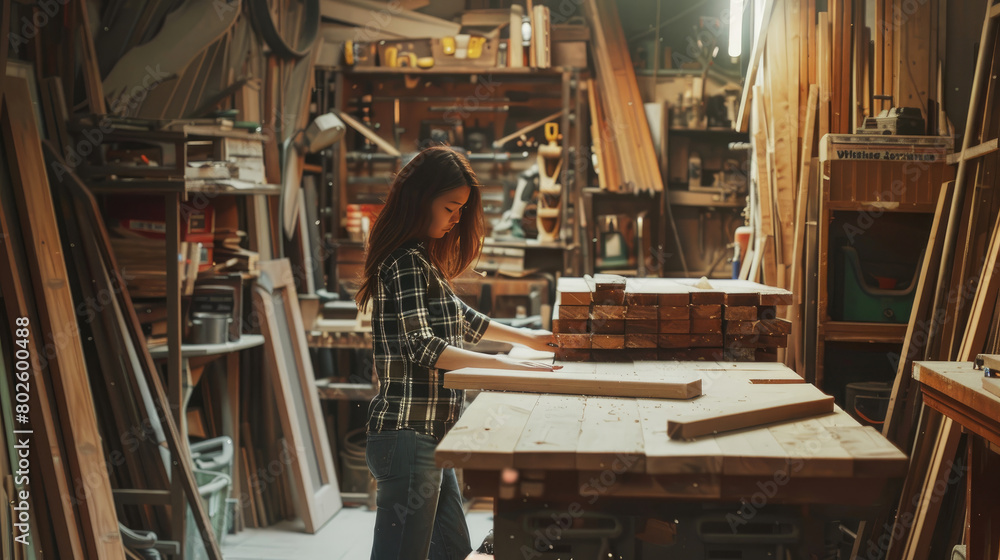 Fototapeta premium Craftswoman Working with Wood in Carpentry Studio Setting