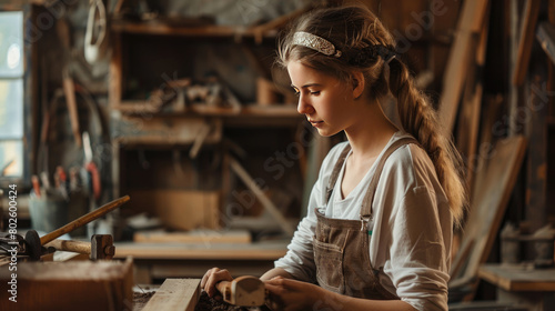 Craftswoman Working with Wood in Carpentry Studio Setting