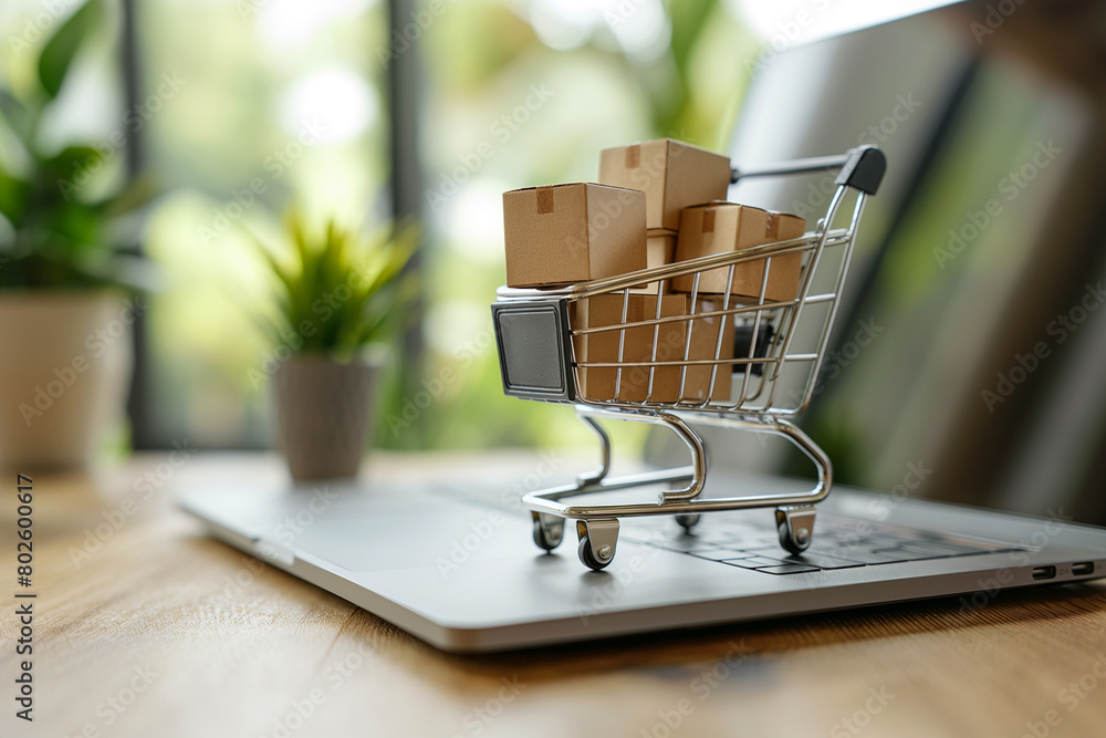  “Digital Shopping Experience” A mini shopping cart filled with boxes, symbolizing online shopping, sits atop a laptop, highlighting the ease and convenience of e-commerce.