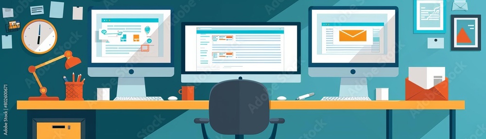 Email marketing campaign setup, focused expert, dual screens, organized desk, indoor lighting, wide angle Email marketing campaign setup, focused expert, dual screens, organized desk, indoor lighting, wide angle