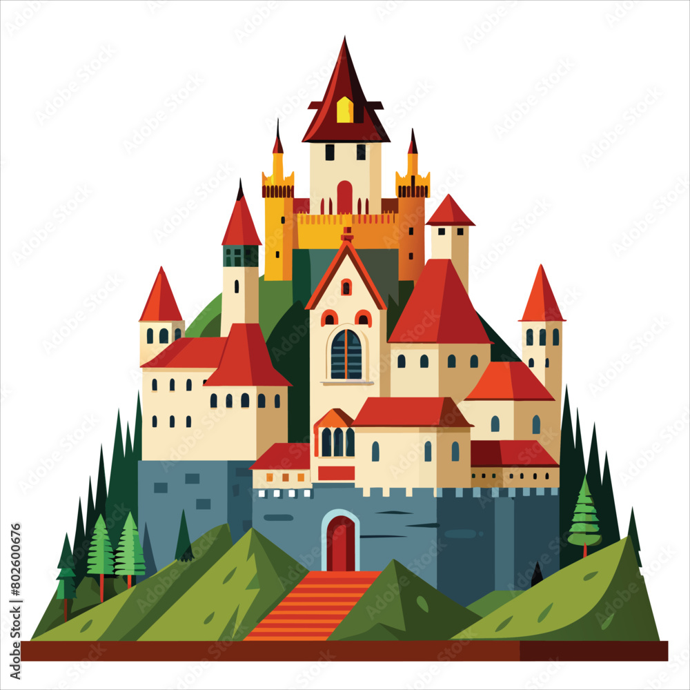 colorful flat illustration of iconic landmark, bran castle