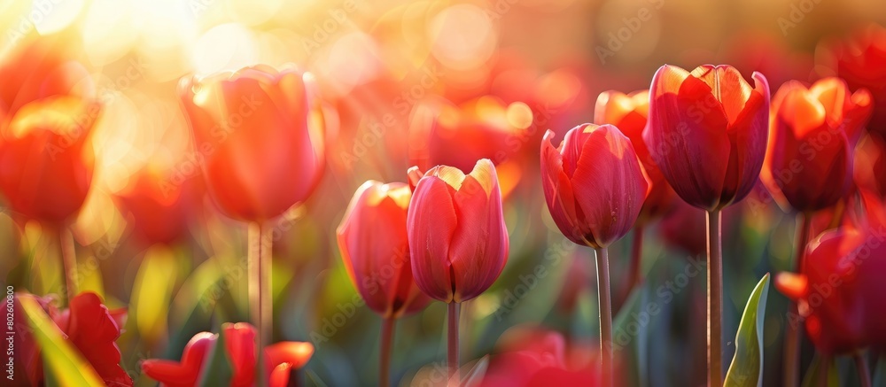 Field of lovely red tulips during the spring season, a natural floral backdrop with sunshine. Field of lovely red tulips during the spring season, a natural floral backdrop with sunshine.