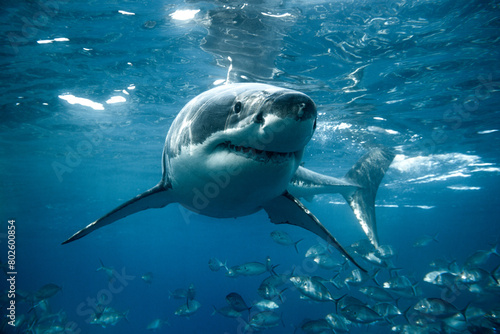 Portrait of a large great white shark turning below the oceans surface in blue water © Nautilus Creative