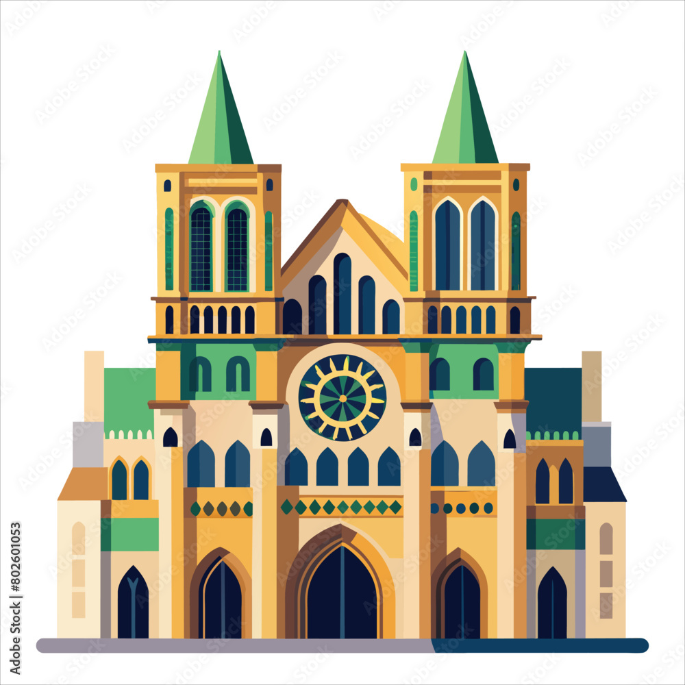 colorful flat illustration of iconic landmark, notre dame